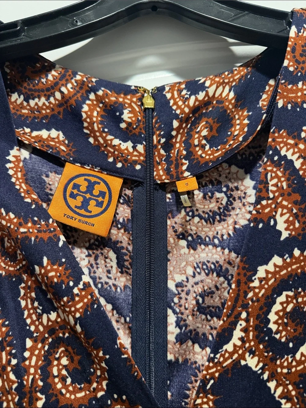 Tory Burch Navy Dress with Copper Swirl Motif